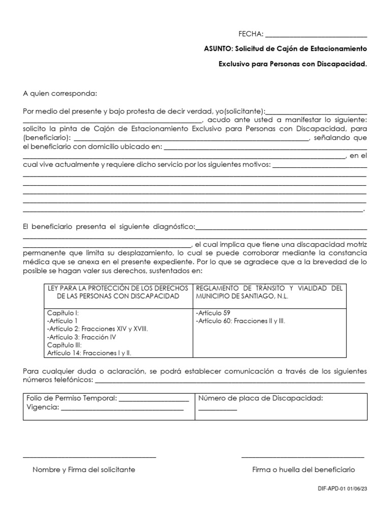 DIFAPD01 Solicitud de Cajón de Estacionamiento Discapacidad 010623 PDF Justicia Crimen y
