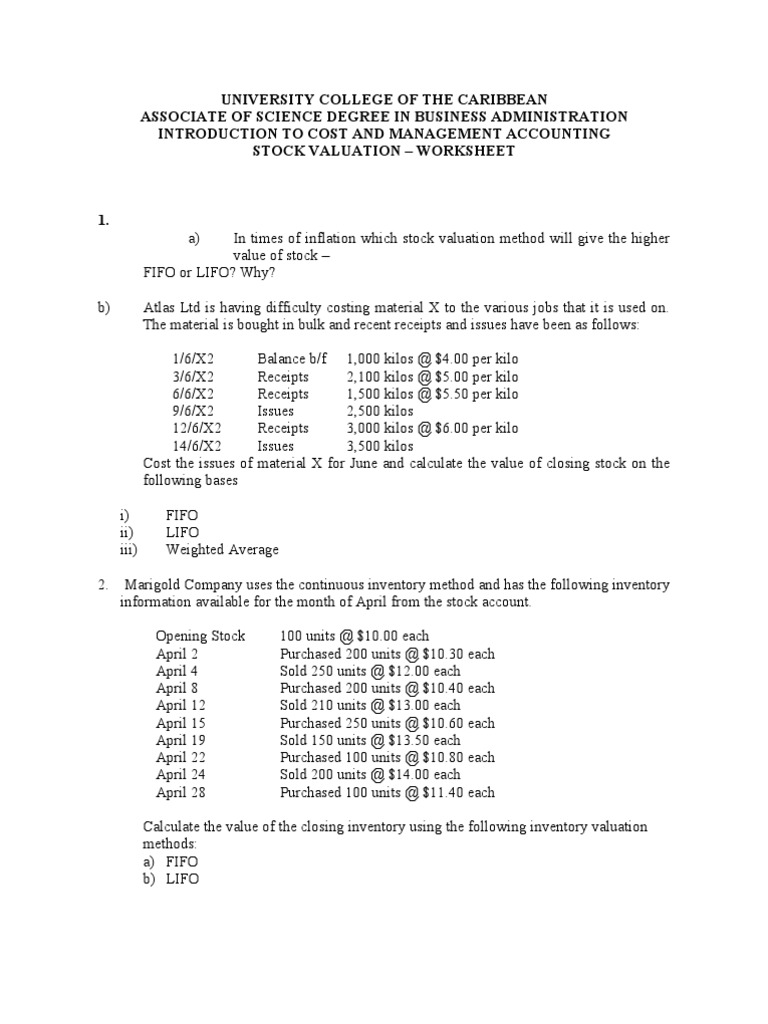 Stock Valuation Worksheet Inventory Valuation Finance