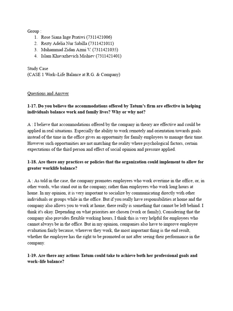 Organizational Behavior - CASE 1 Work-Life Balance at R.G. & Company ...