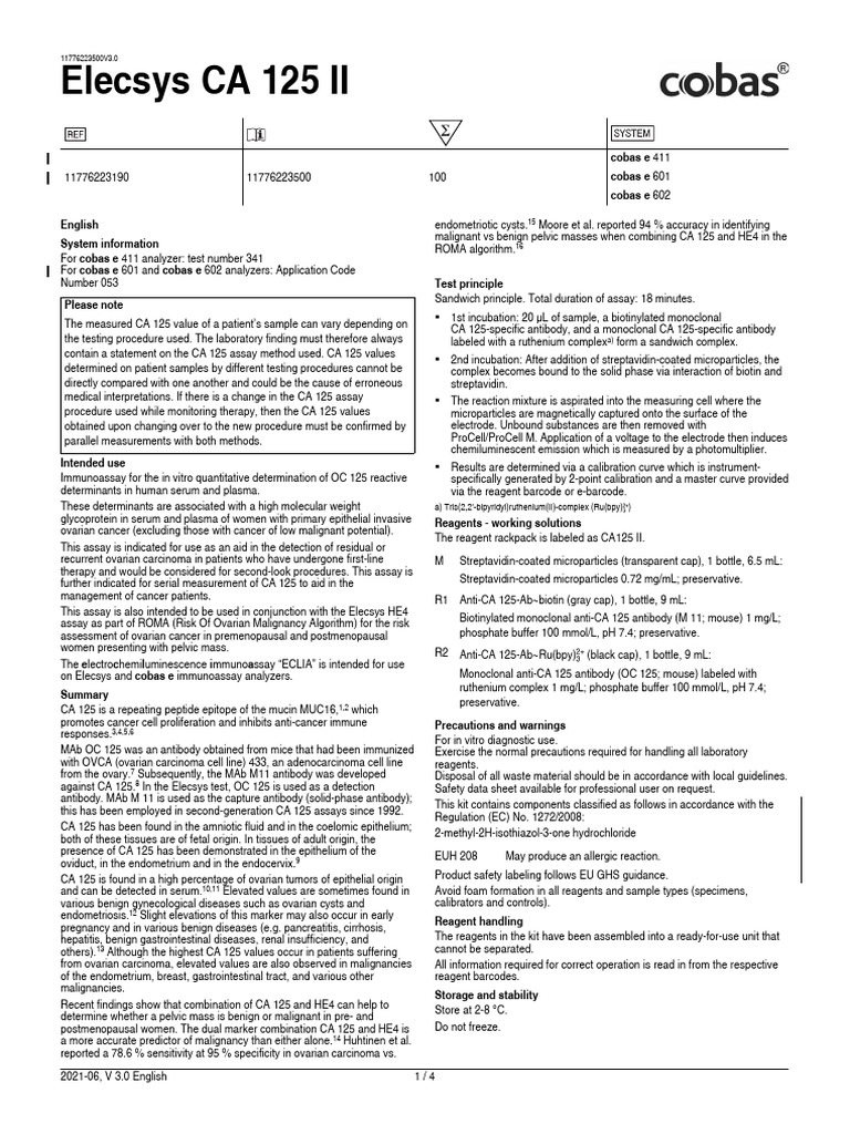 Insert - Elecsys CA 125 II.11776223500.V3.en | PDF | Detection Limit ...