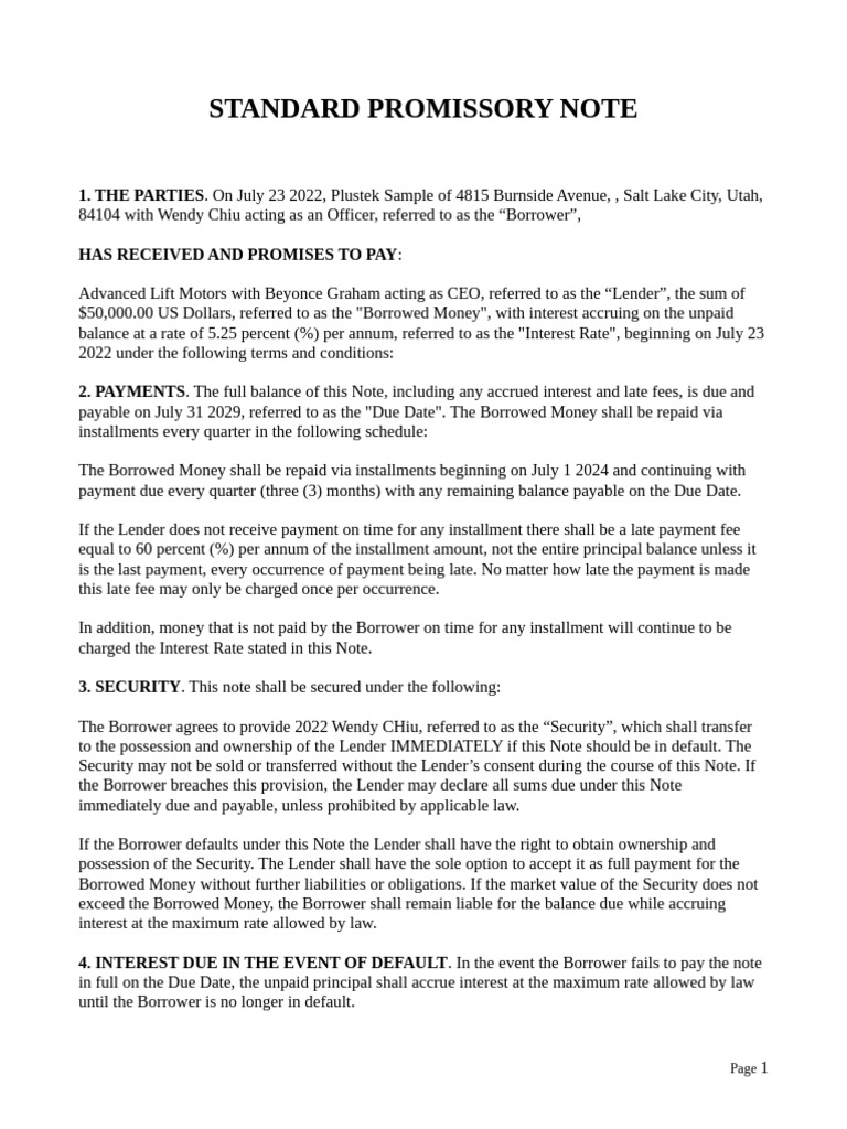 Standard Promissory Note Agreement | PDF | Interest | Debt
