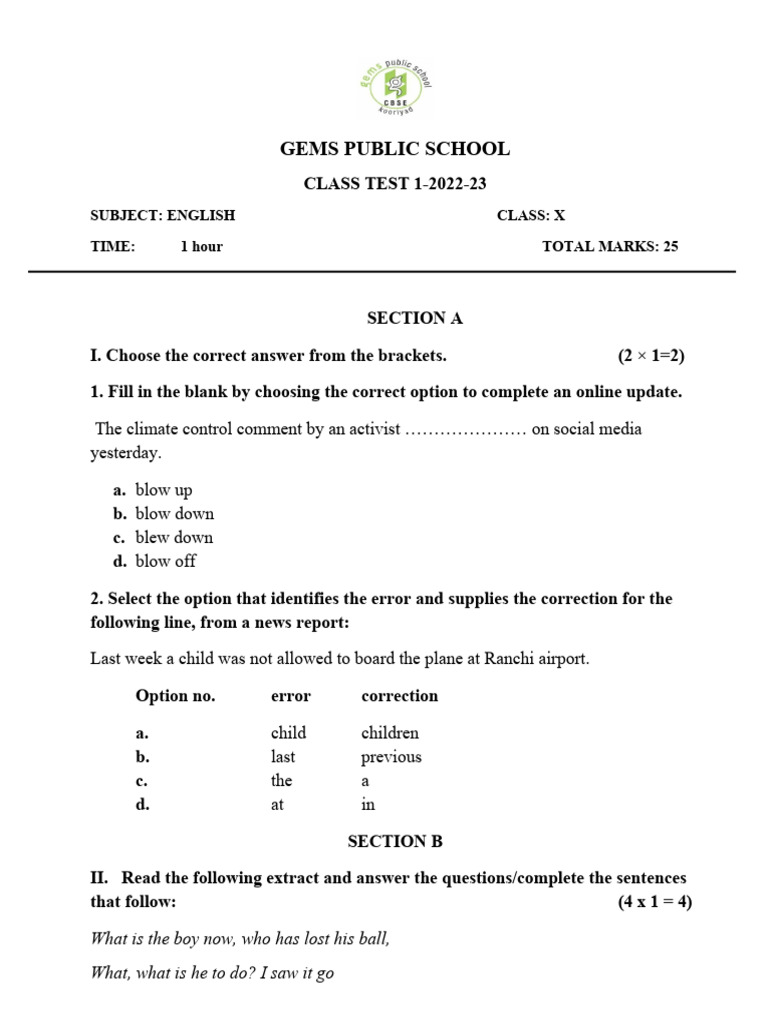 10th Monthly Test Question Paper 2017
