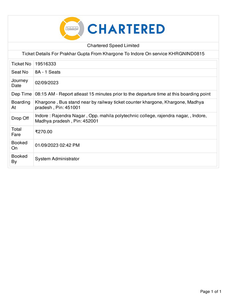 Khargone to Indore Ticket Details | PDF