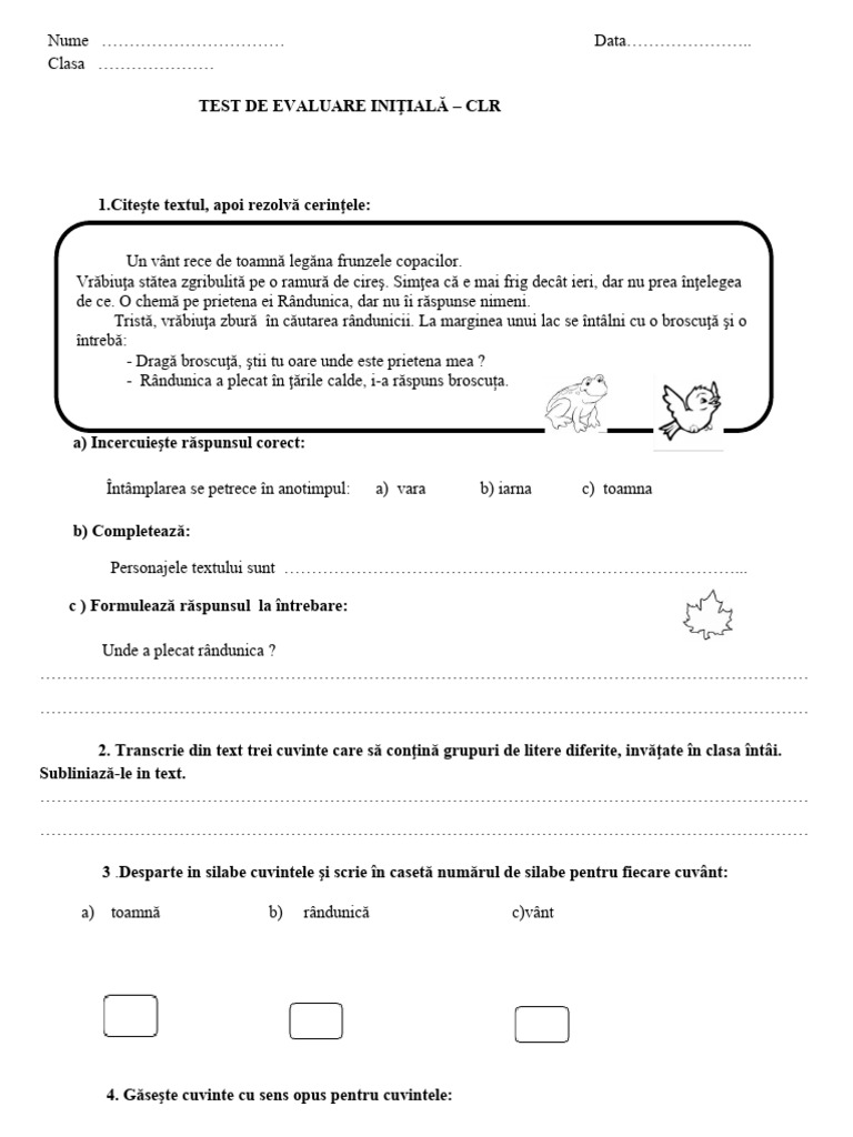 Clasa 2 Evaluare Initiala CLR | PDF