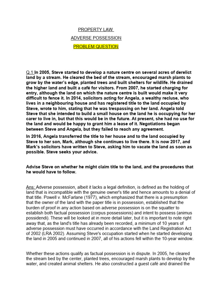 Adverse Possession PQ Solving PDF Adverse Possession Property Law