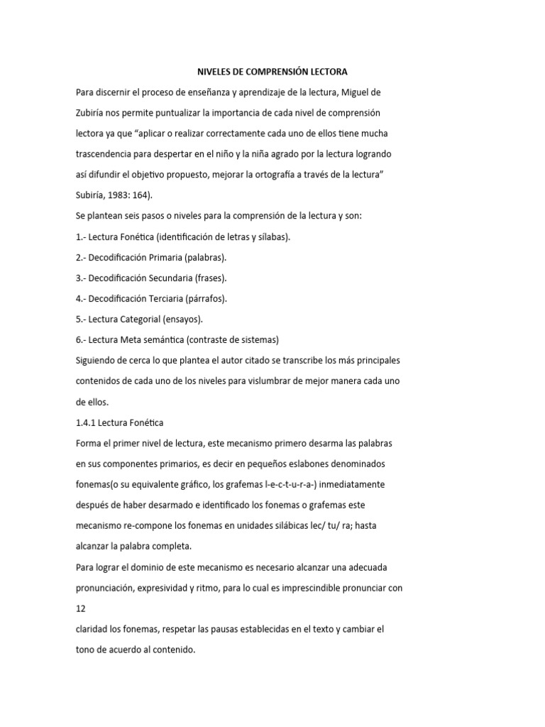 Niveles de Comprensión Lectora | PDF | Comprensión lectora | Puntuación