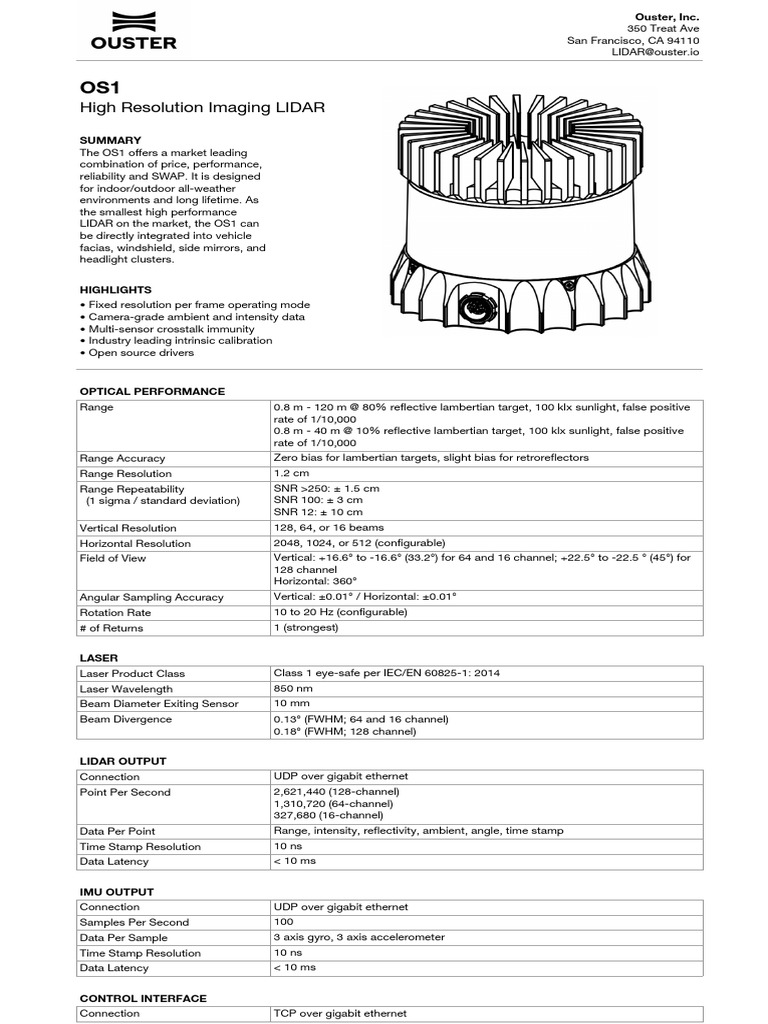 Ouster OS1 Datasheet PDF Lidar Optics