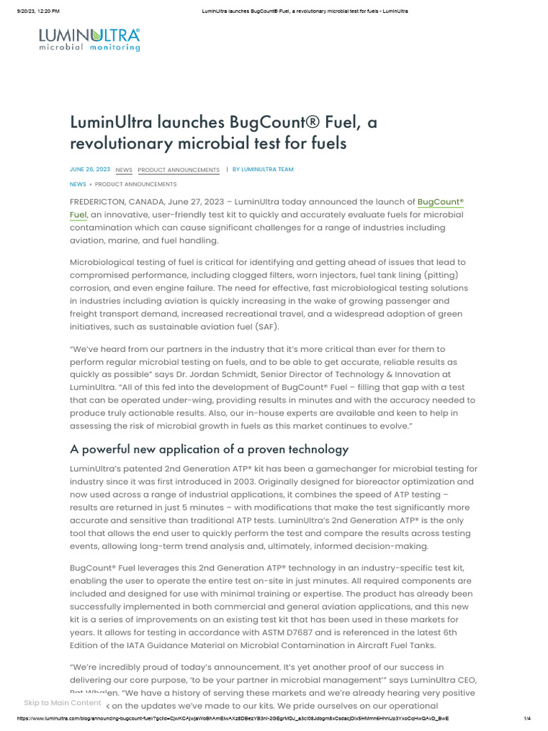 LuminUltra Launches BugCount® Fuel, A Revolutionary Microbial Test For