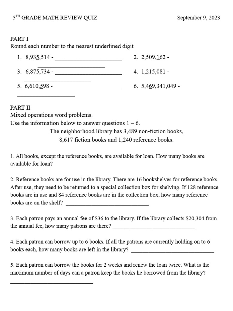 5th grade math review quiz pdf money