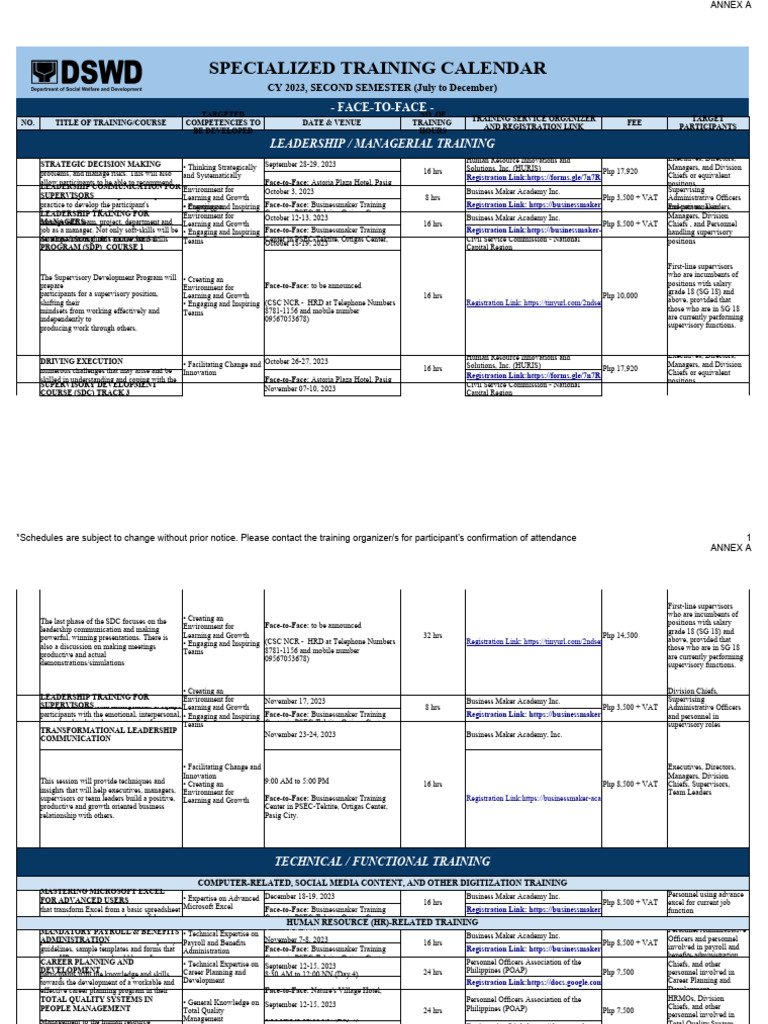 Specialized Training Calendar - 2nd Semester (Face-To-Face) | PDF ...