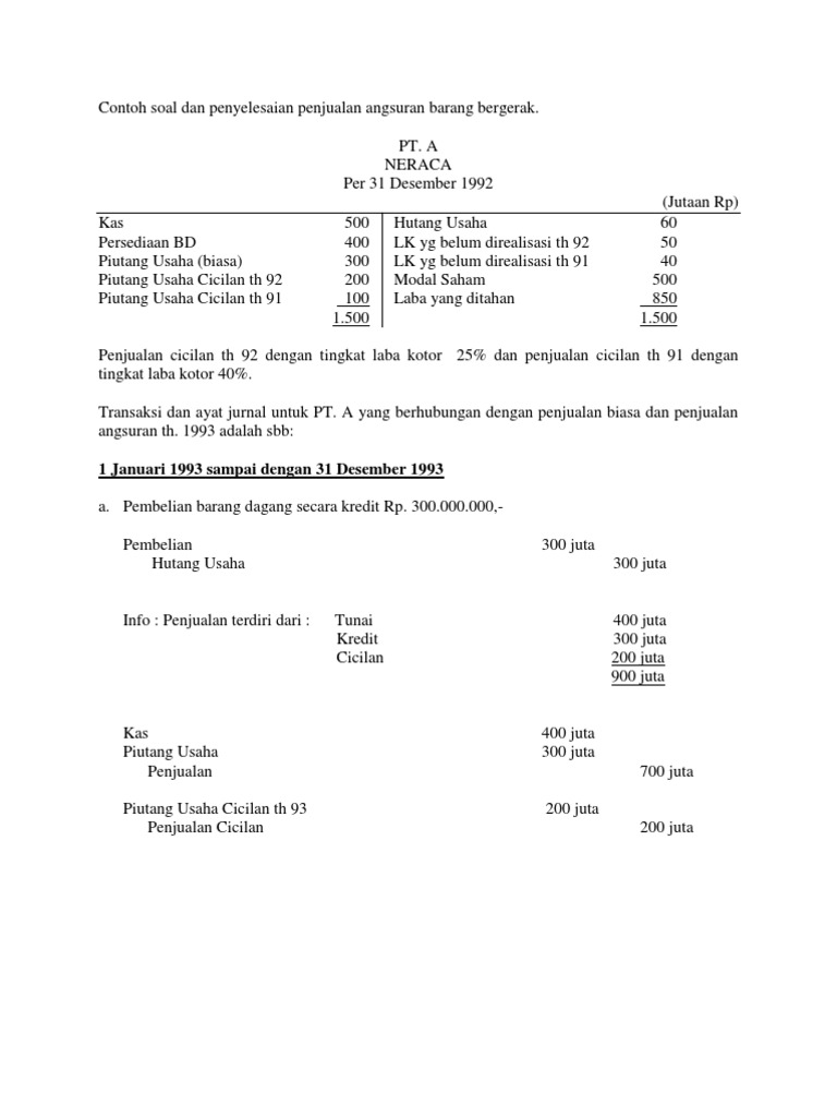 Contoh Soal Dan ian Penjualan Angsuran Barang Bergerak