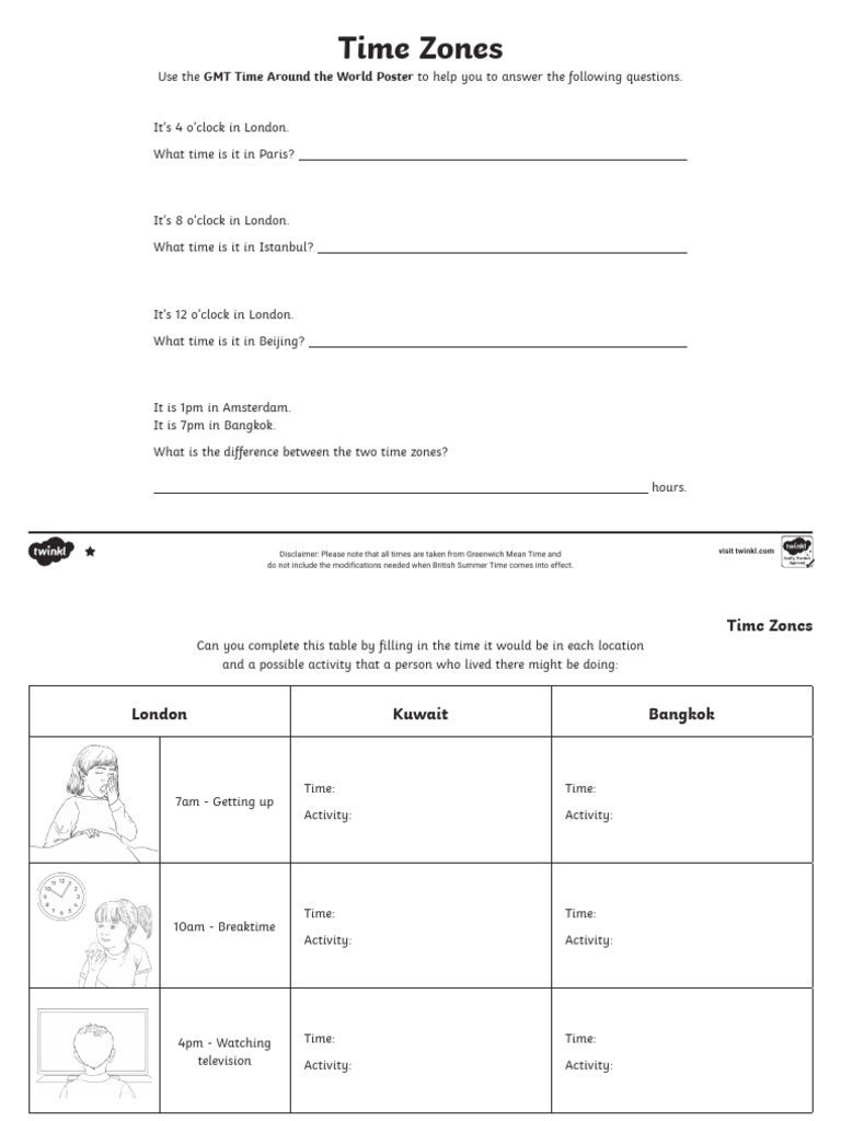 World Time Zones Activity Worksheet | PDF | Greenwich Mean Time | Spacetime