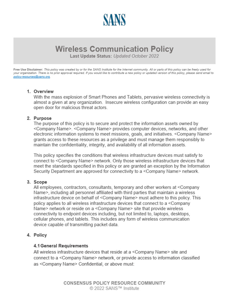 Wireless Communication Policy PDF Computer Network Information