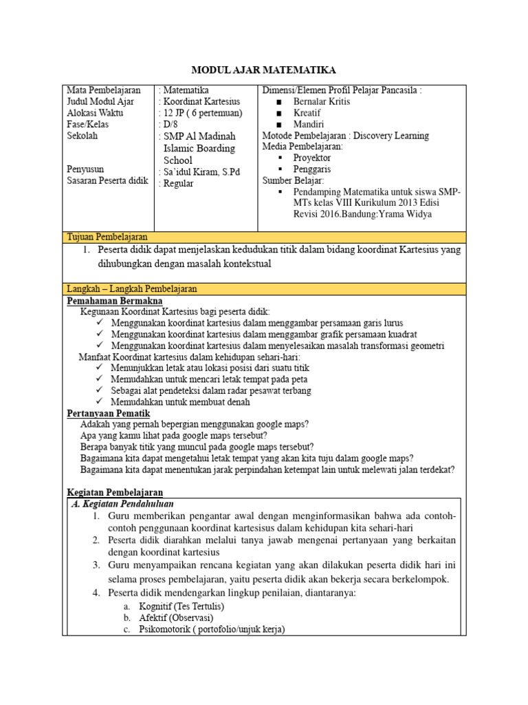 Modul Ajar Koordinat Kartesius Pdf