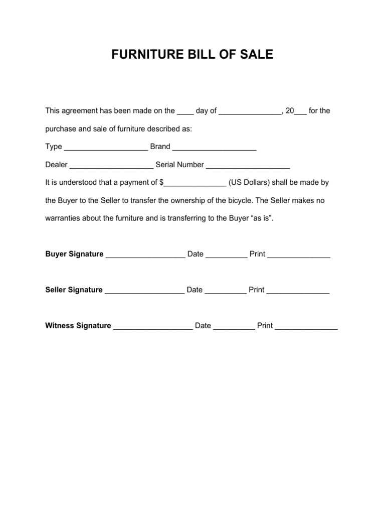 Used Furniture Bill of Sale Template PDF