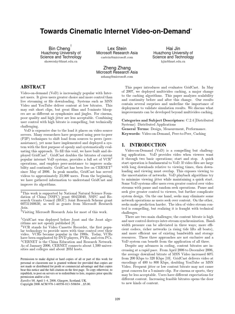 Video On Demand PDF Peer To Peer Cache