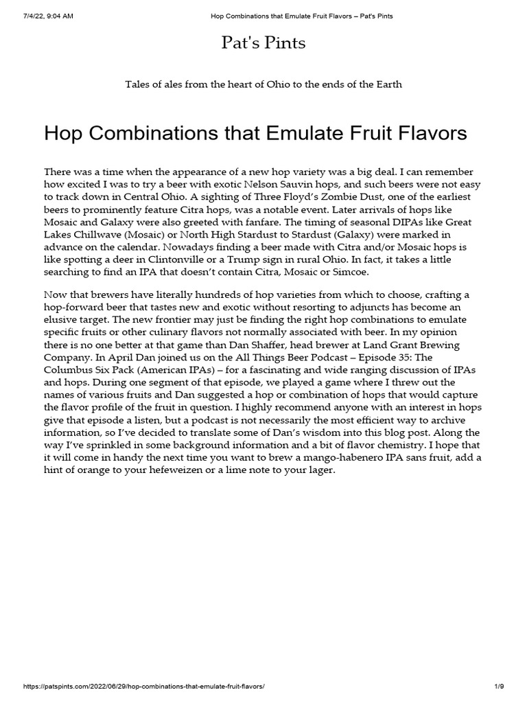 Hop Combinations That Emulate Fruit Flavors Pat's Pints PDF Hops