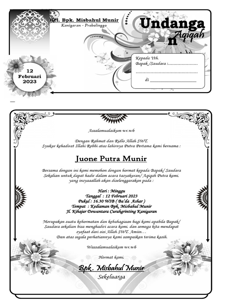 Undangan Aqiqah Contoh 01 | PDF