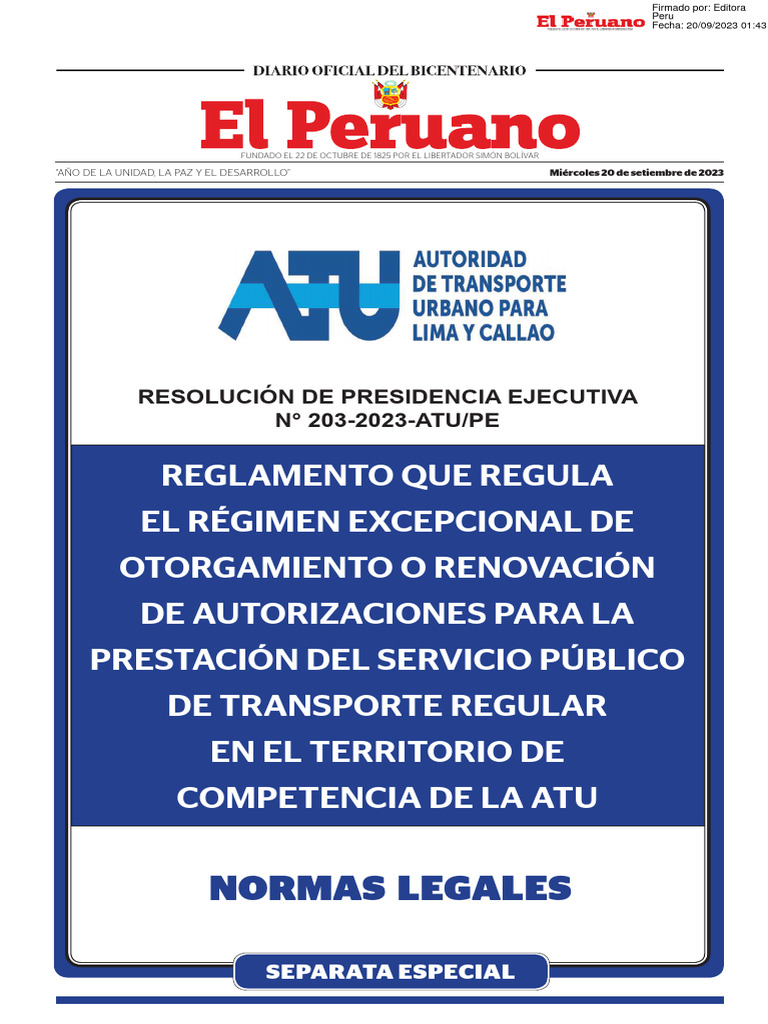 Reglamento de Autorización ATU 2023 | PDF | Regulación | Transporte