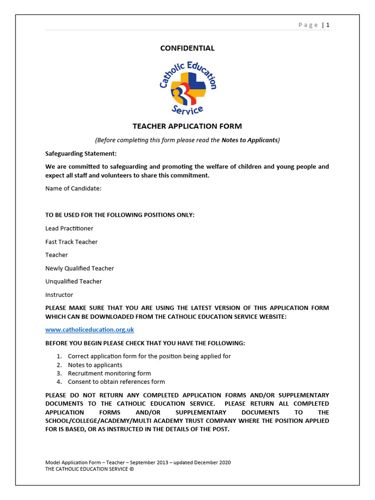 1 School Application Form Teachers Pdf