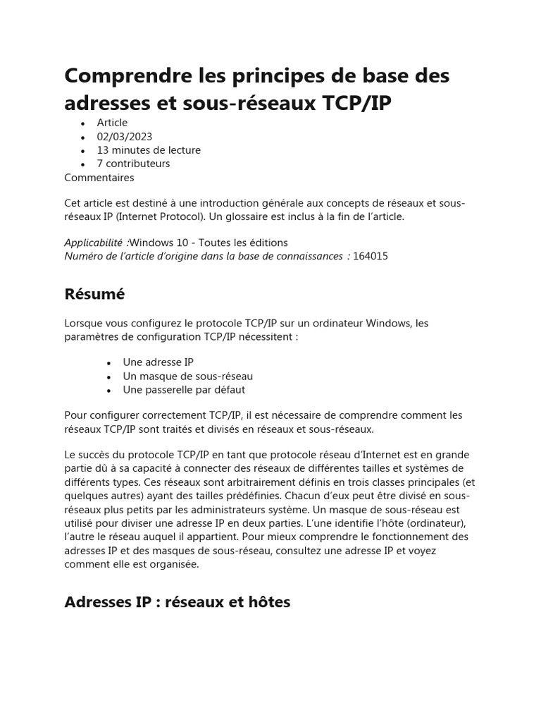 Comprendre Les Reseaux Et Sous Reseaux IP | PDF | Adresse IP | Réseau ...