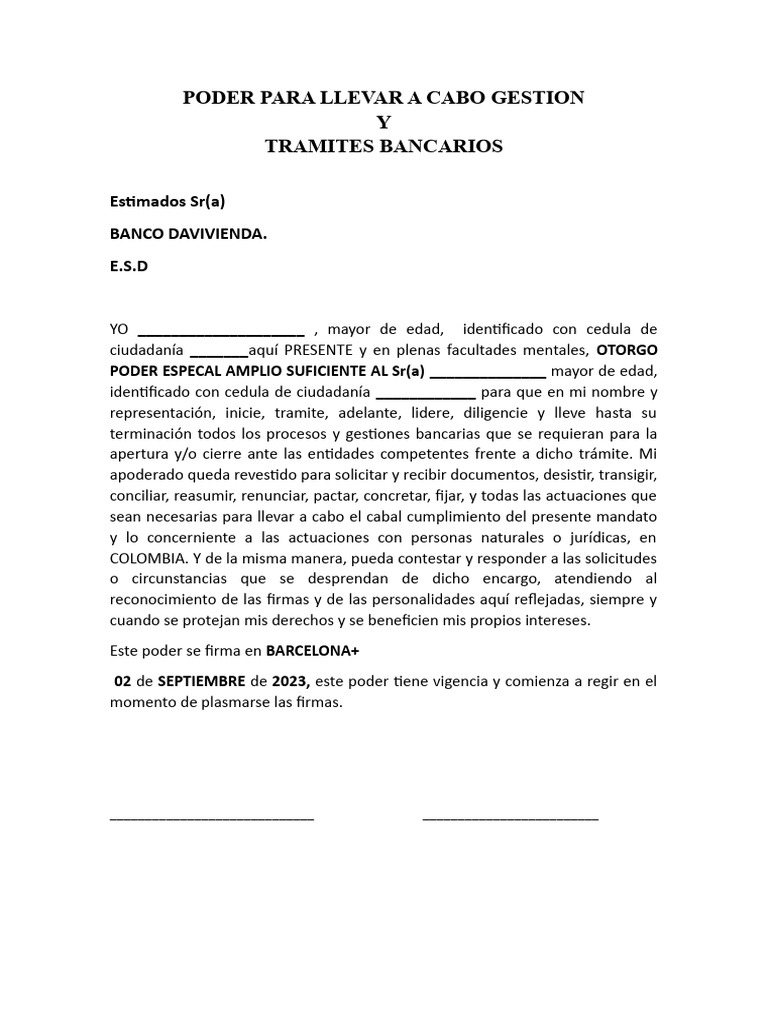 Poder para Gestión Bancaria en Colombia | PDF | Negocios