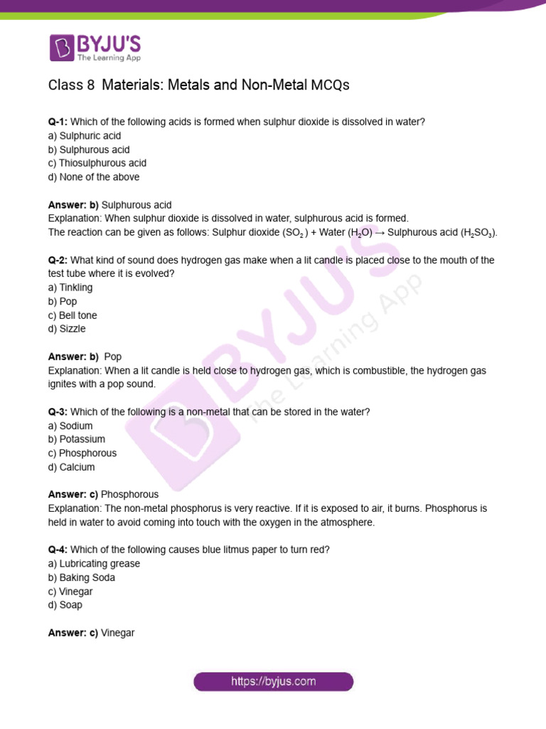 Class 8 Materials Metals and Non Metal MCQs PDF Metals Hydroxide
