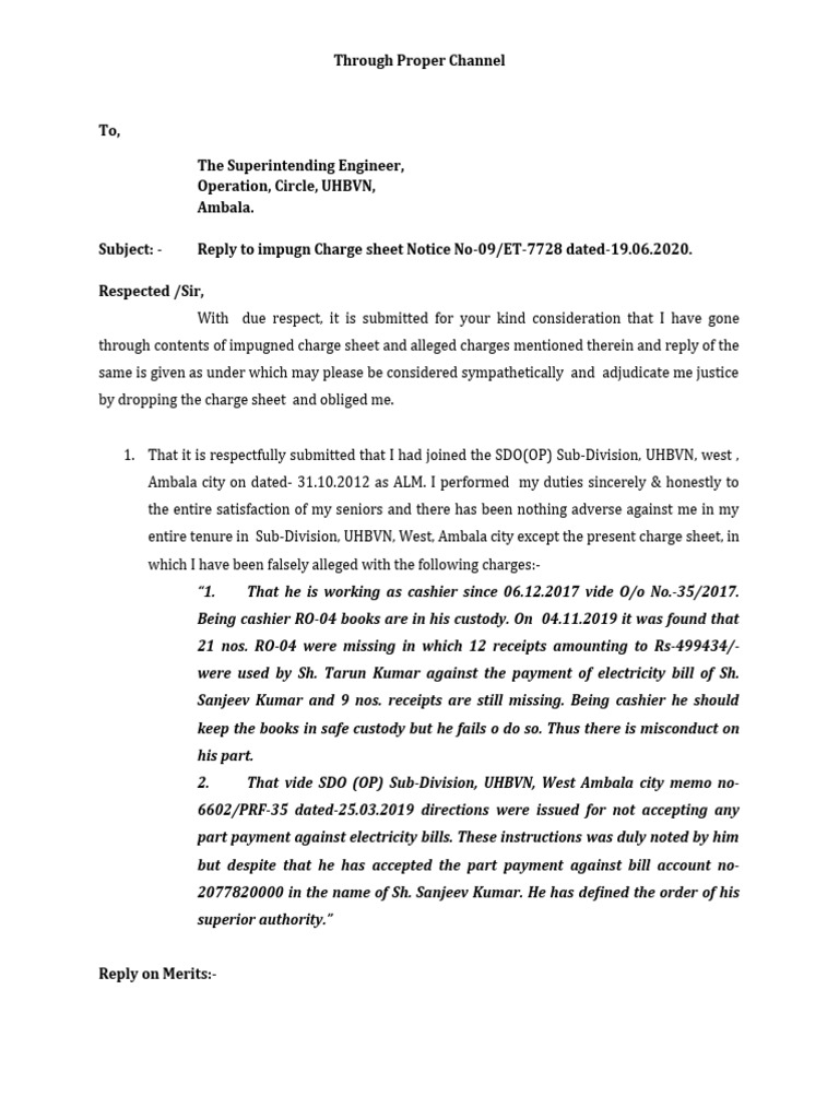 Charge Sheet Reply of Sh. Amarpreet Singh, ALM PDF Government Justice