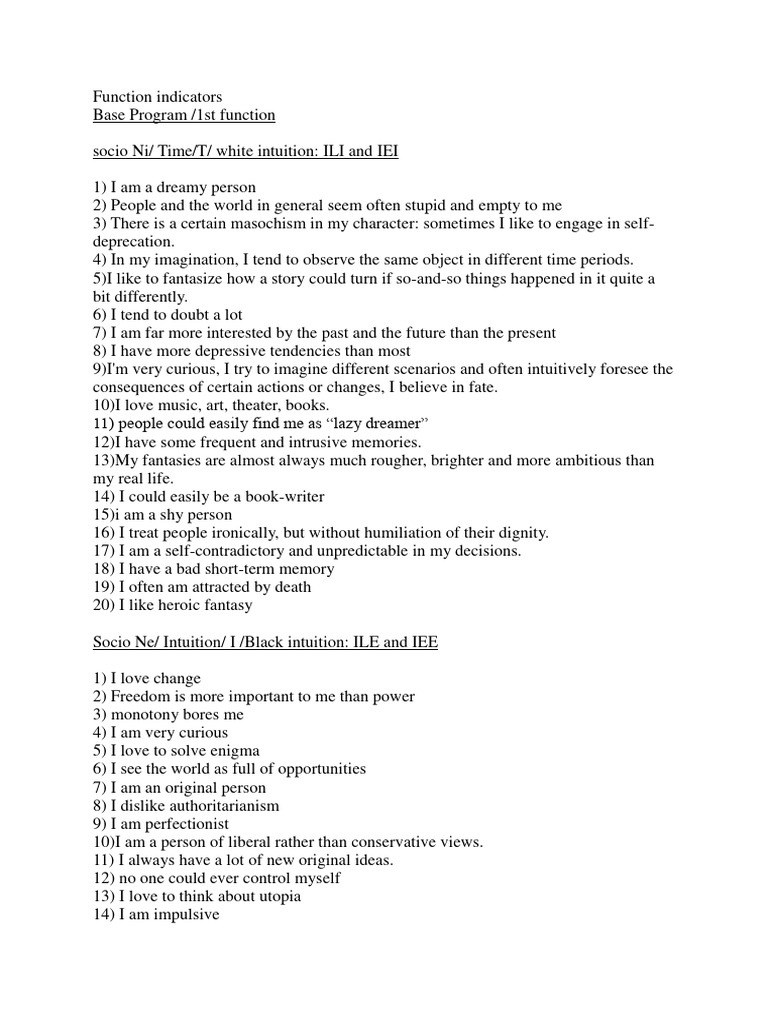 Socionics Base and Creative Function Indicators PDF Emotions