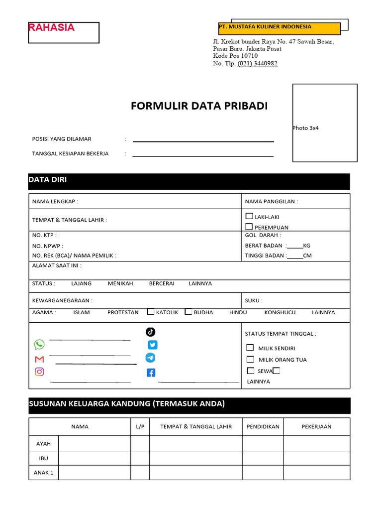 Formulir Pelamar Pt. Mustafa Kuliner Indonesia | PDF