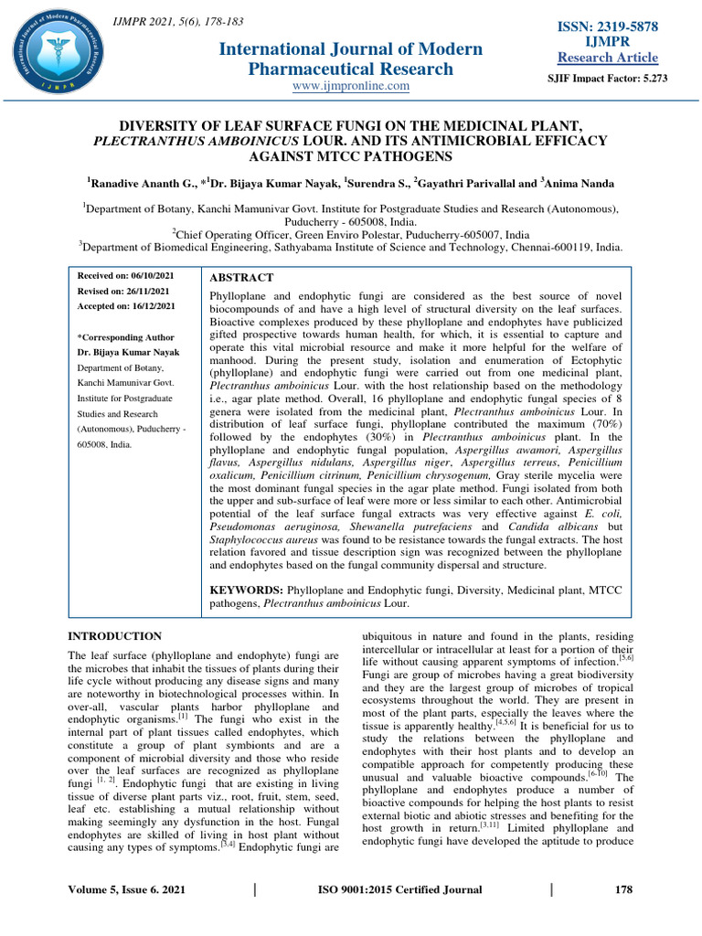 Leaf Surface Fungi in Plectranthus Amboinicus | PDF | Aspergillus | Fungus