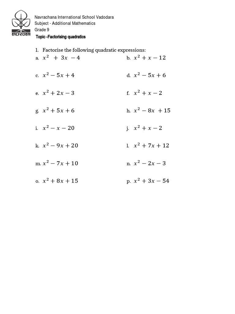 GCSE Maths Revision Factorising Quadratics Questions PDF