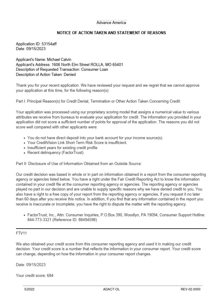 Notice of Action Taken and Statement of Reasons Advance America PDF