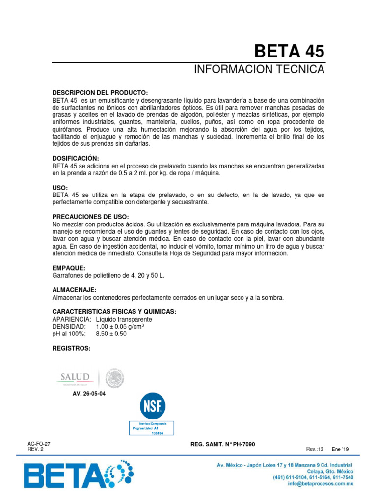 Emulsificante BETA 45 para lavandería | PDF