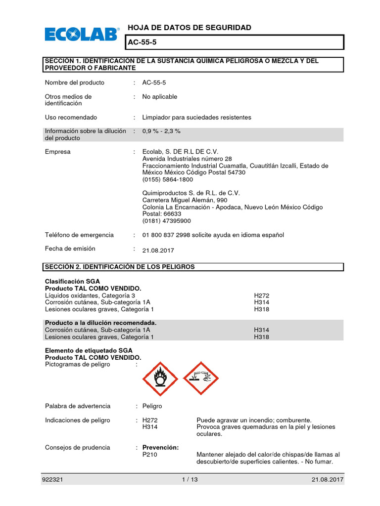 Ac555 Sds MX Spanish 2018 PDF Reciclaje Agua