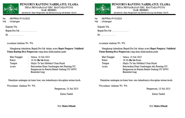 Undangan Rapat Pengurus NU Ranting | PDF