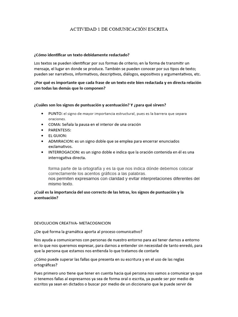 Actividad 1 De Comunicación Escrita Pdf Puntuación Oración