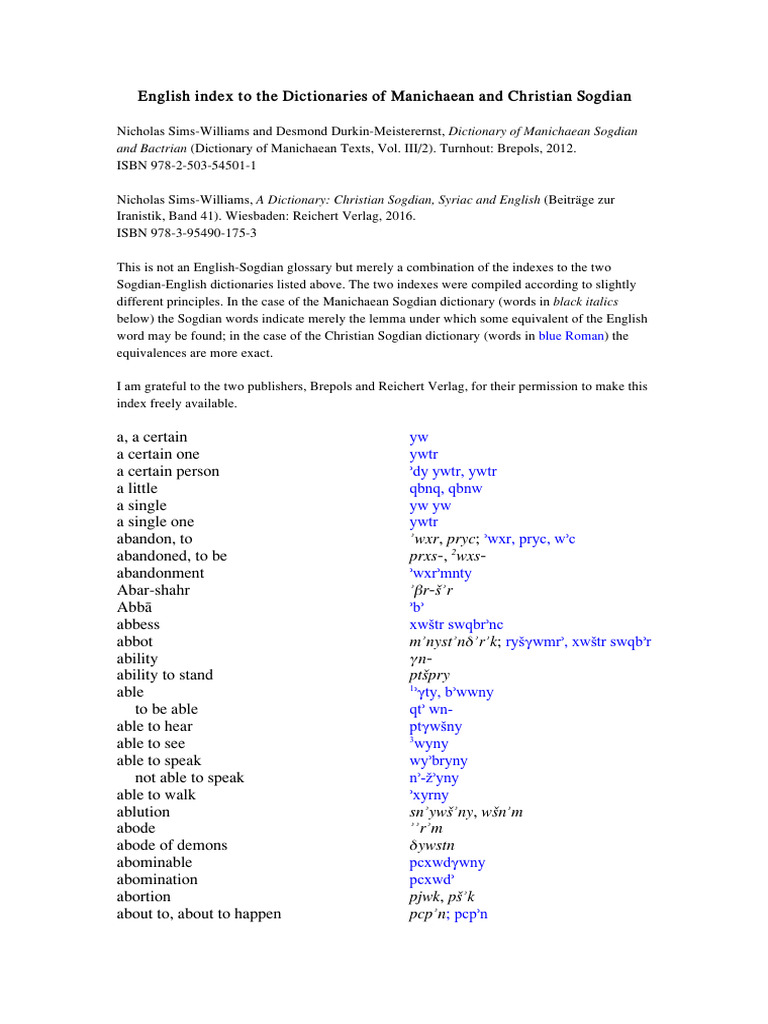 Sogdian Dictionaries Index | PDF