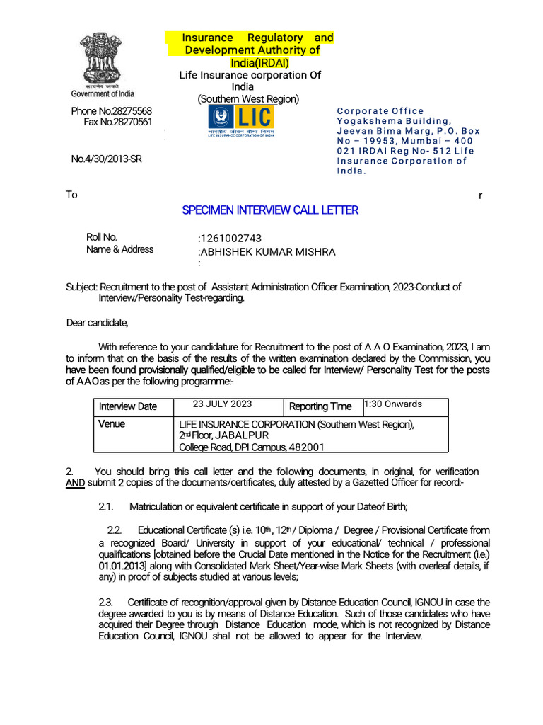 LIC 2023 Interview Specimen Call Letter | PDF