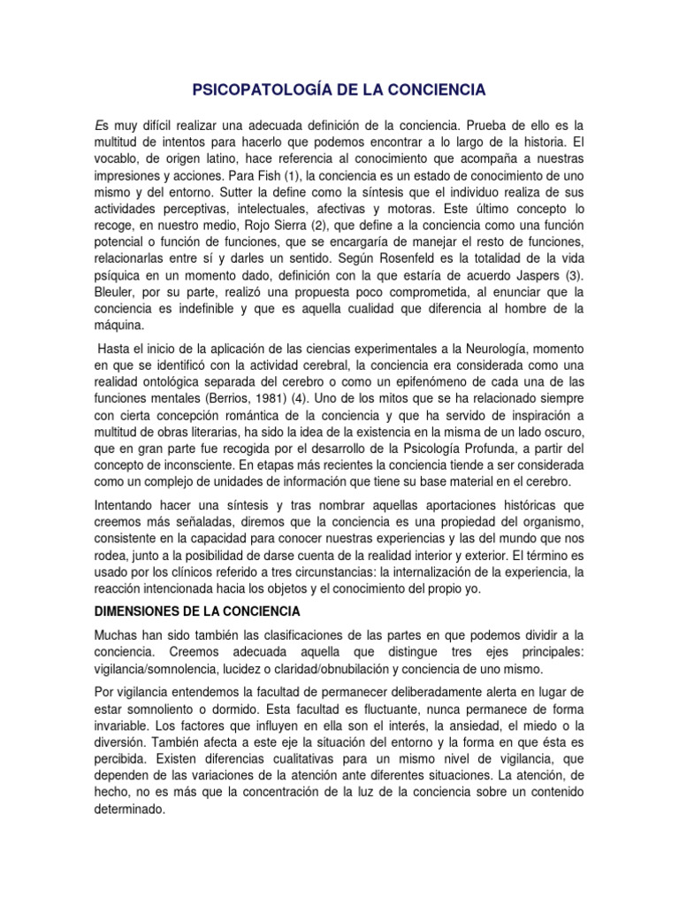 1.psicopatologia de La Conciencia | PDF | Disociación (psicología ...