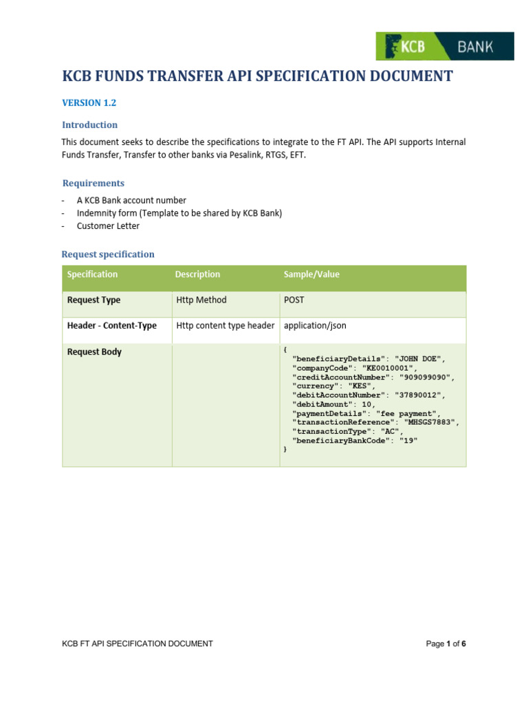 KCB FT Api Specification Document PDF Wire Transfer Debit Card
