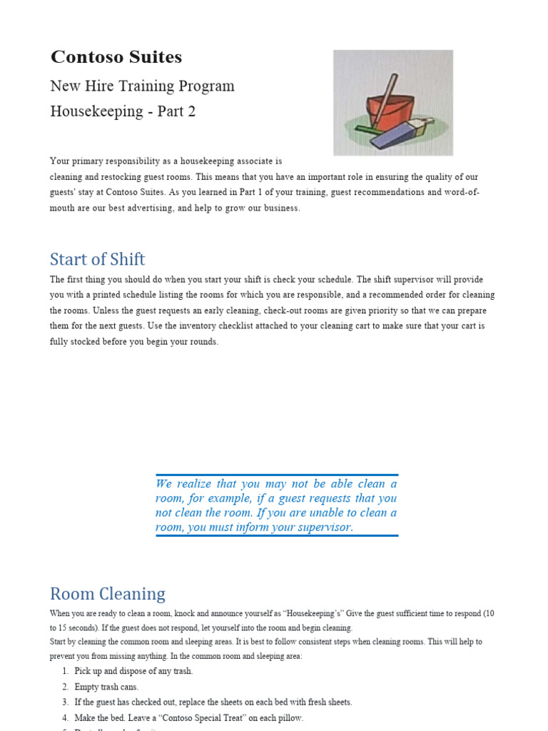 Contoso Suites: Start of Shift | PDF | Housekeeping | Home