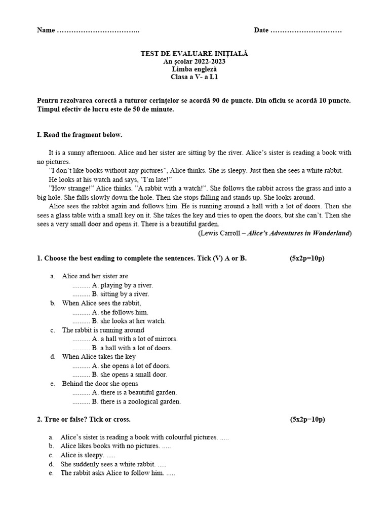 5th Grade Initial Test | PDF | Alice (Alice's Adventures In Wonderland ...