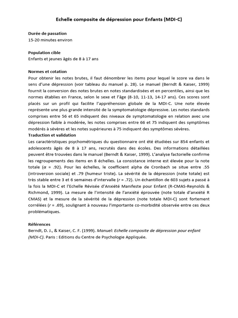 Échelle MDI-C : Dépression Enfant | PDF | Dépression (psychiatrie ...