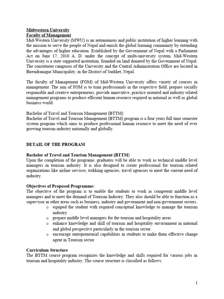BTTM Program Overview at MWU | PDF | Tourism | Entrepreneurship