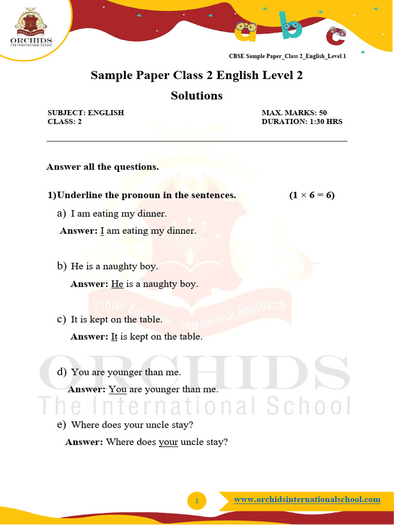 Solution Sample Paper Class 2 English Level 2 PDF