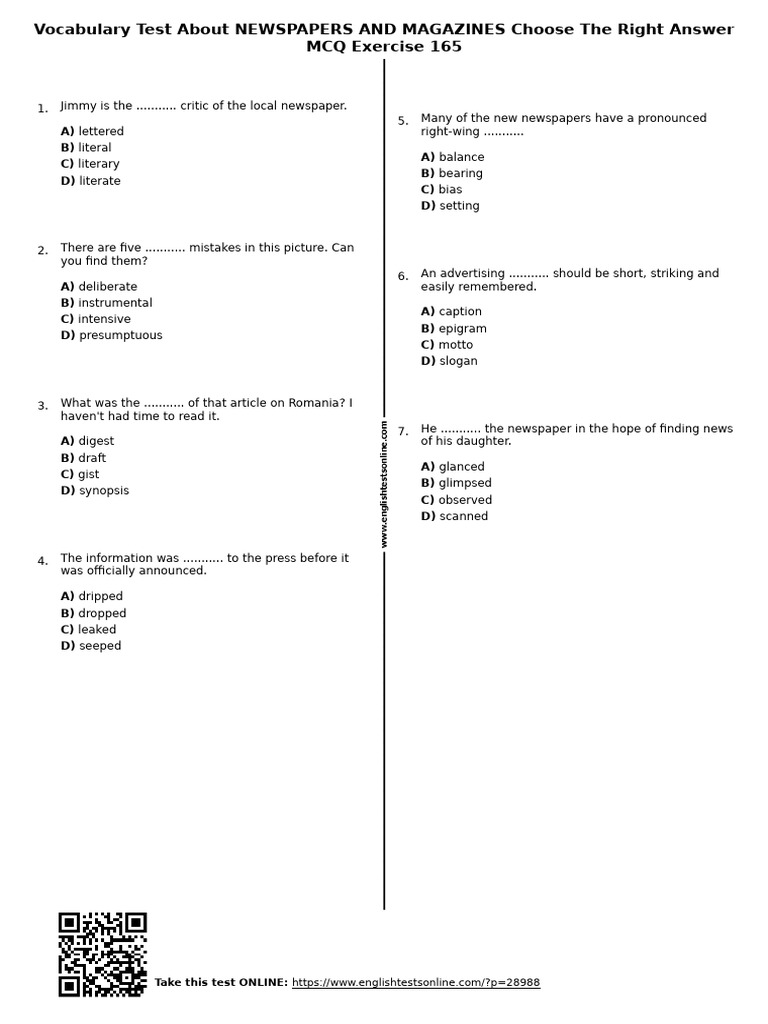1078 - Vocabulary Test About Newspapers and Magazines Choose The Right ...