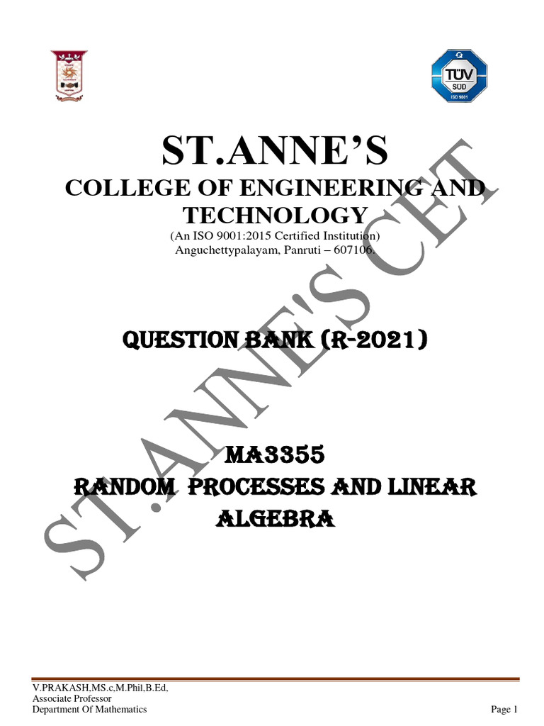 MA3355 Random Processes Question Bank | PDF | Linear Subspace | Linear Map