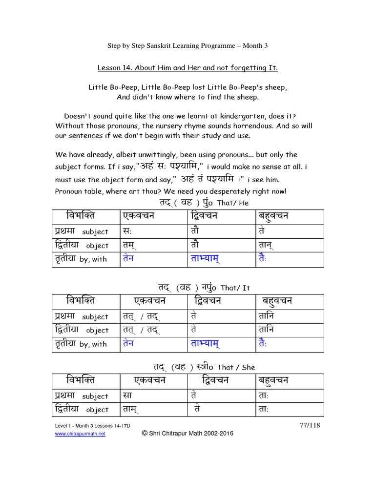 Pronouns in Sanskrit: Lesson 14 Exercises | PDF | Grammatical Gender