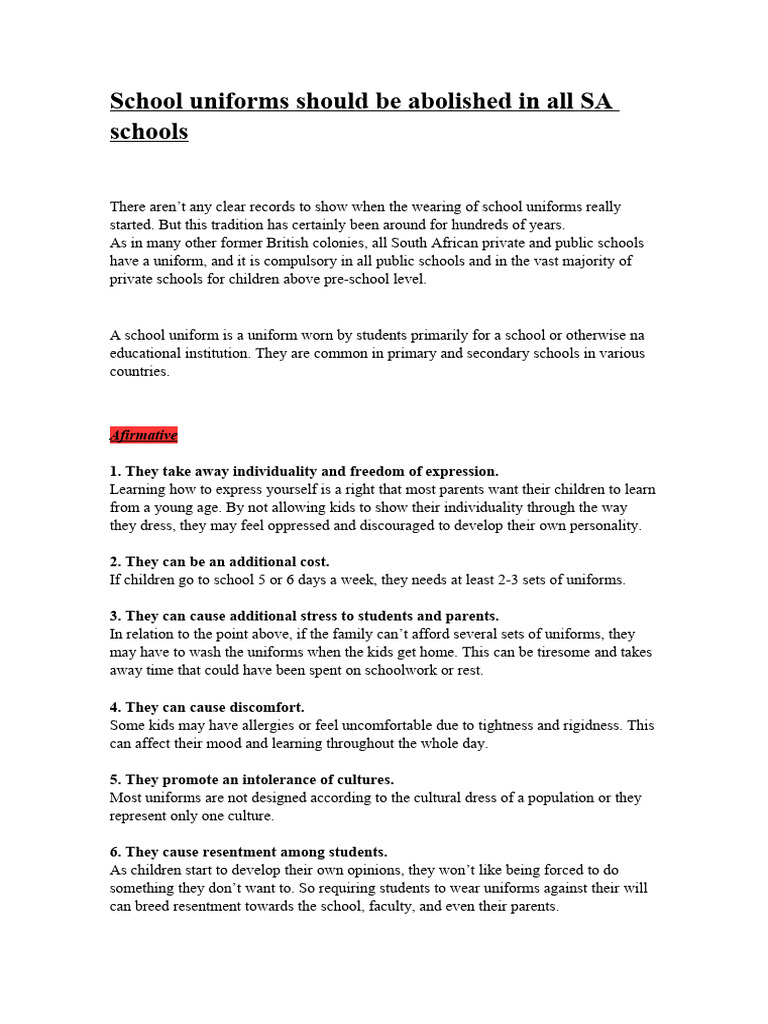 School Uniforms Should Be Abolished in All S.A Schools PDF Clothing